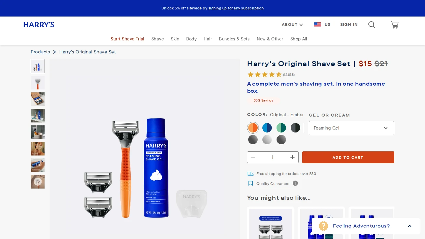 Harry's Original Shave Set product page with the handle, blades, shave gel and travel cover sold as one set