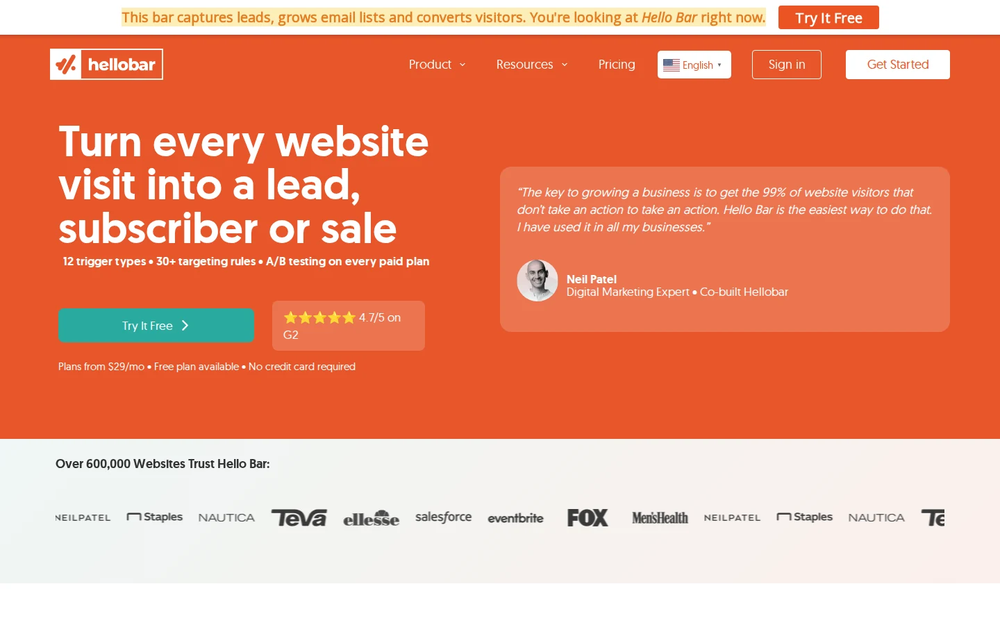 Hello Bar homepage in 2026