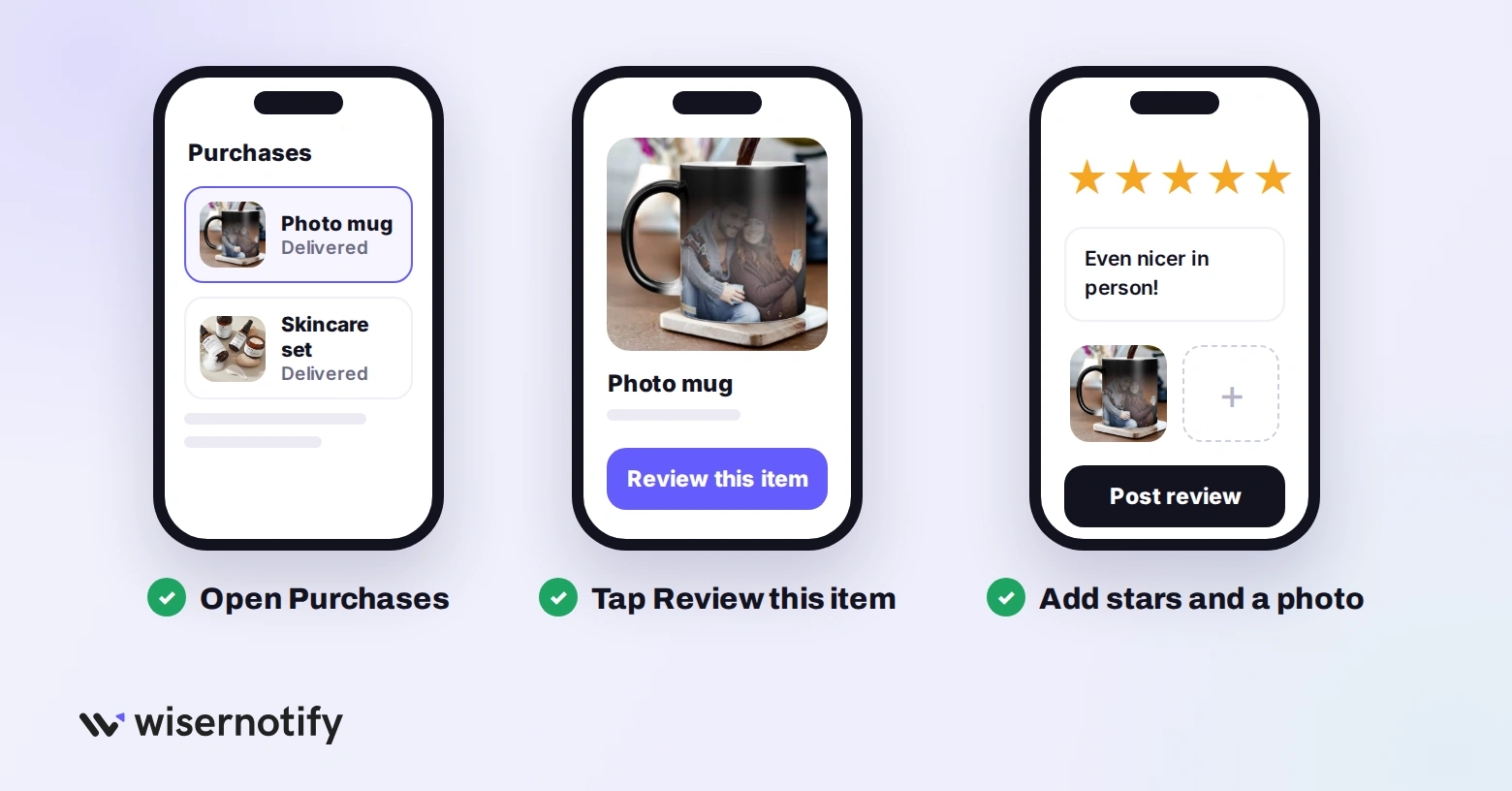 Three steps to leave an Etsy review: open Purchases, tap Review this item, add stars and a photo