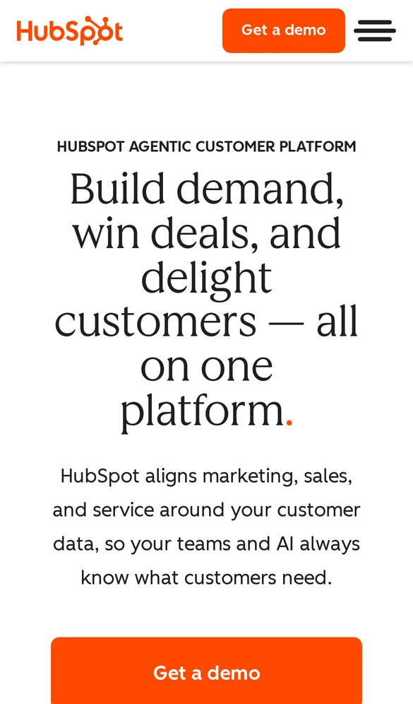 HubSpot mobile landing page with a pinned Get a demo button