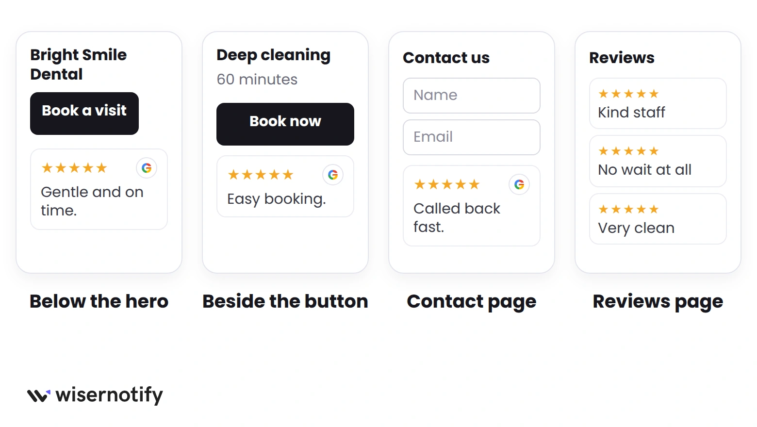 Four places for Google reviews on a Squarespace site: below the hero, beside a booking button, on the contact page and on a reviews page
