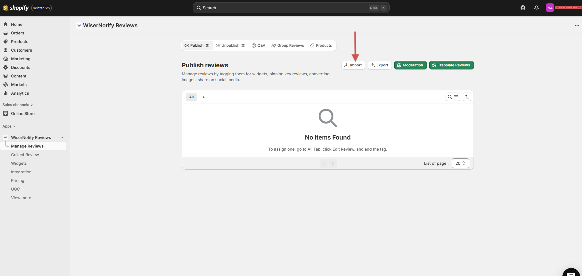 WiserReview Manage Reviews page in Shopify with the Import button