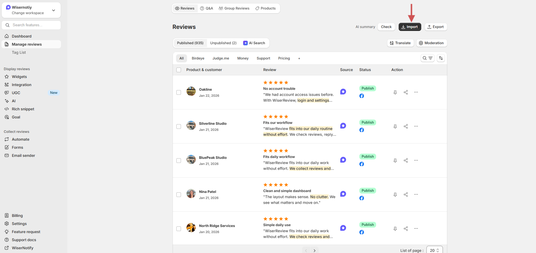 Importing existing reviews in the WiserReview dashboard