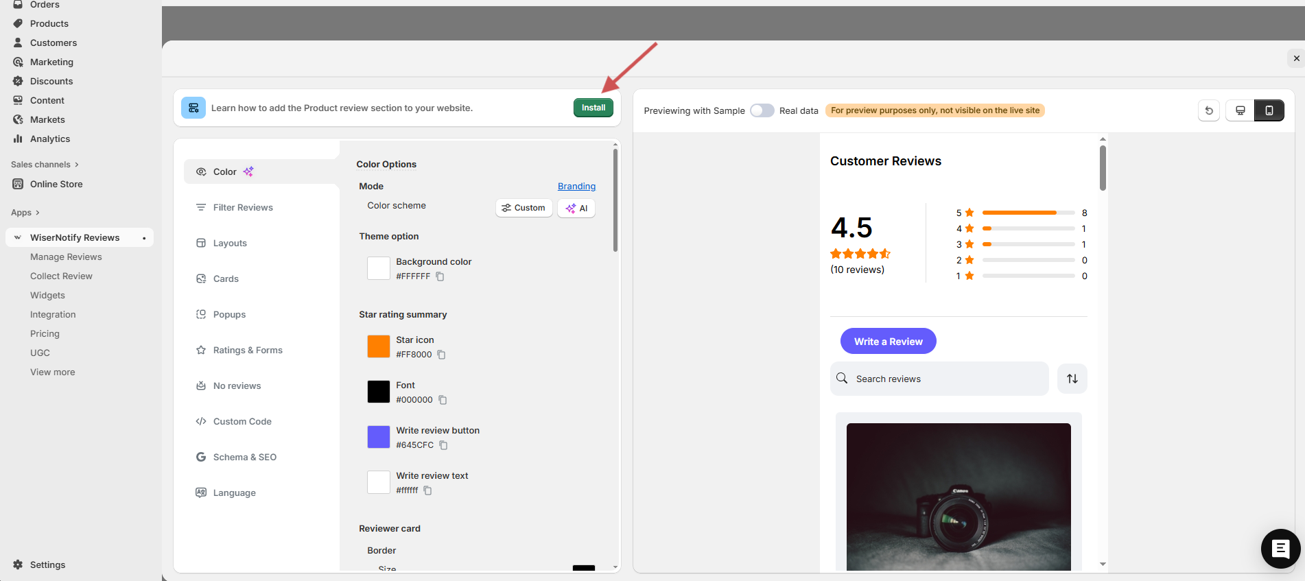 Install button at the top of the WiserReview widget editor in Shopify