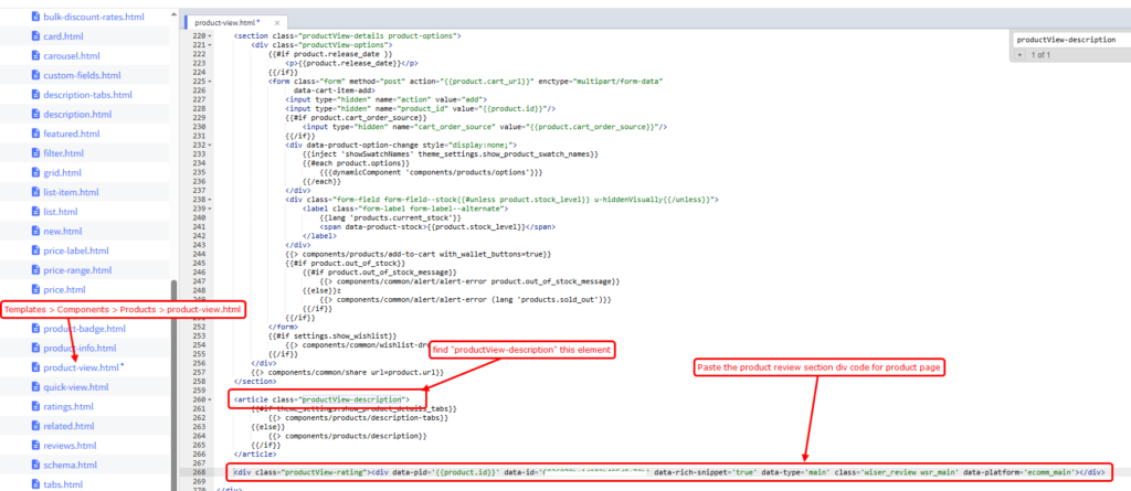 BigCommerce theme editor on product-view.html with the review section code pasted below the productView element