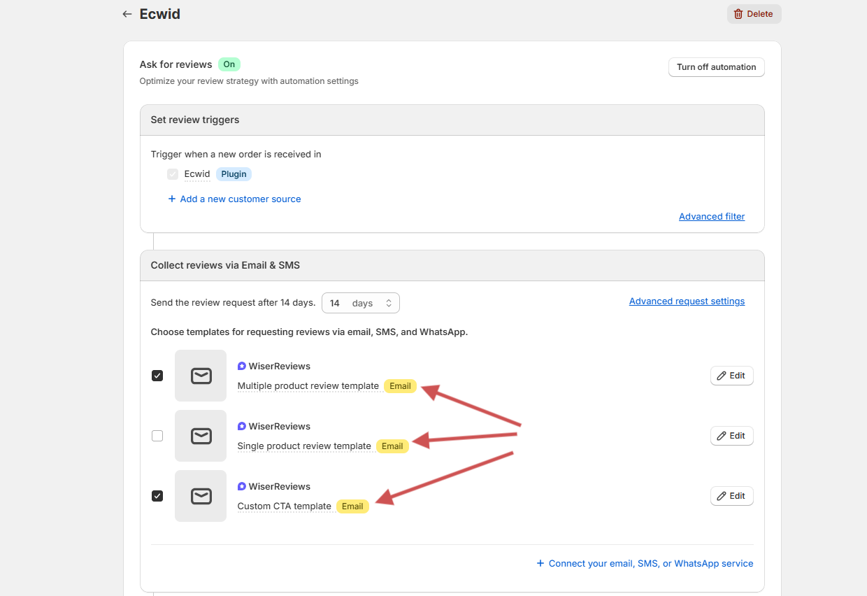 WiserReview review request templates for Ecwid: multiple product review, single product review and custom CTA, each with an Edit button