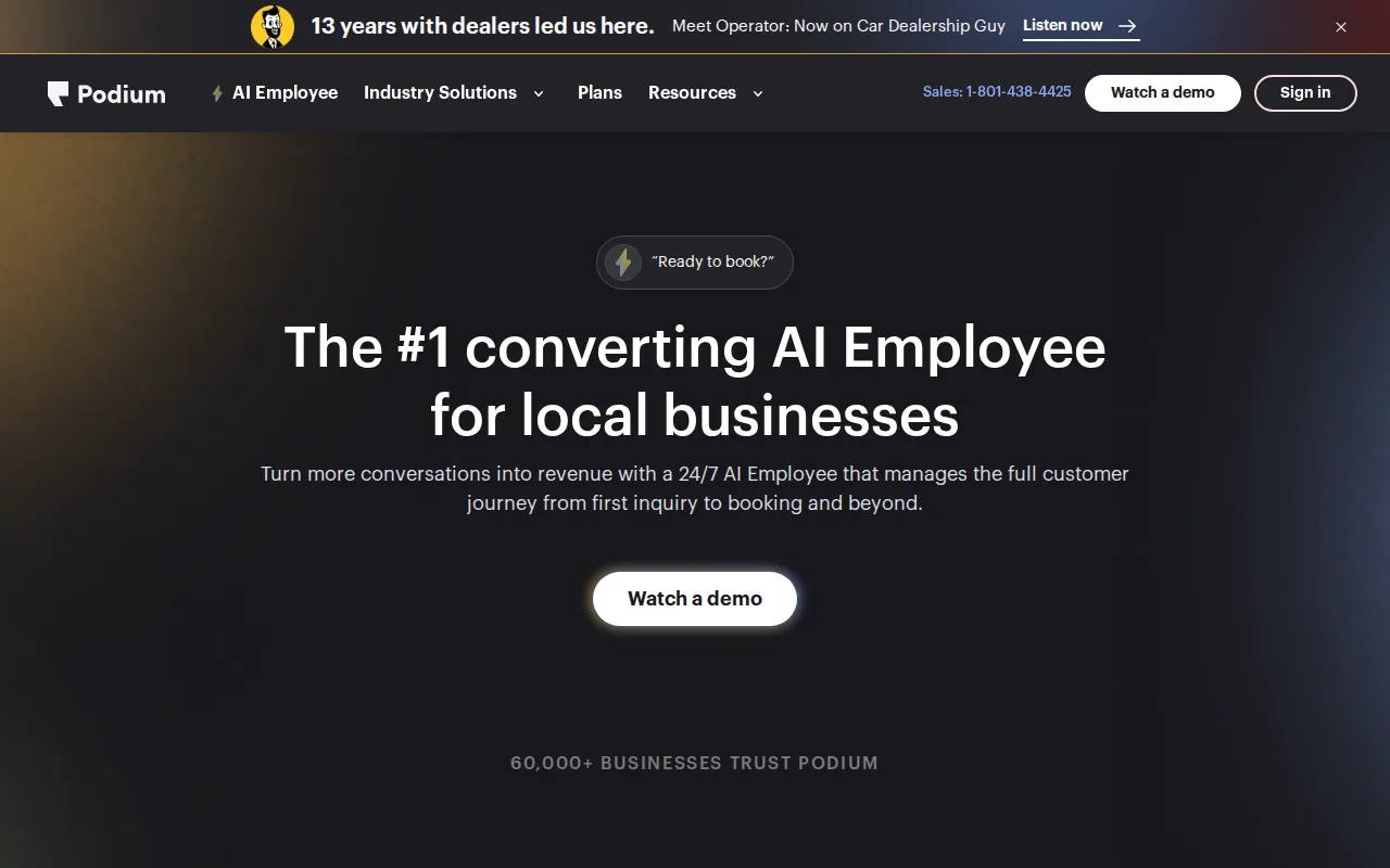 Podium homepage with the headline The number one converting AI Employee for local businesses
