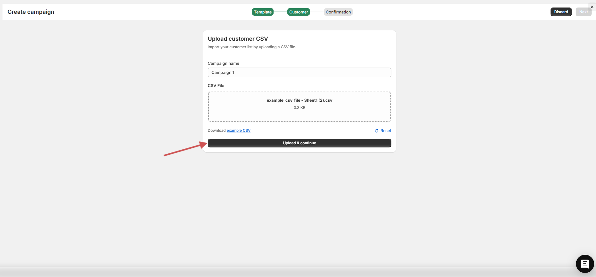 WiserReview Create campaign page for uploading a customer CSV with the Upload and continue button marked
