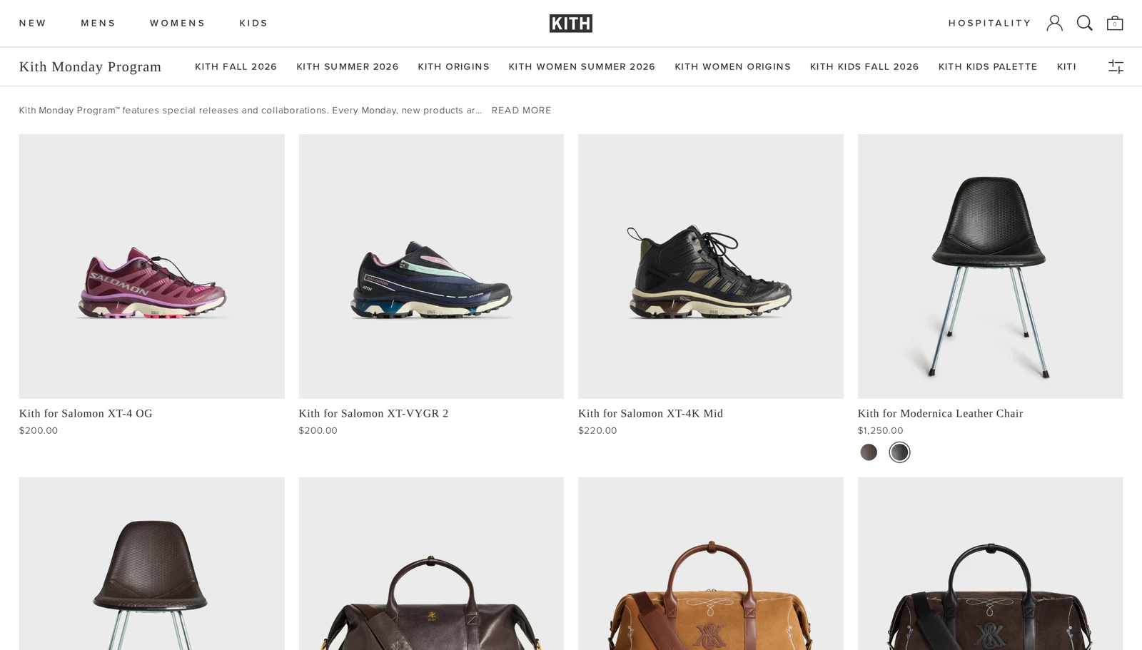Kith Monday Program page with new releases and collaborations