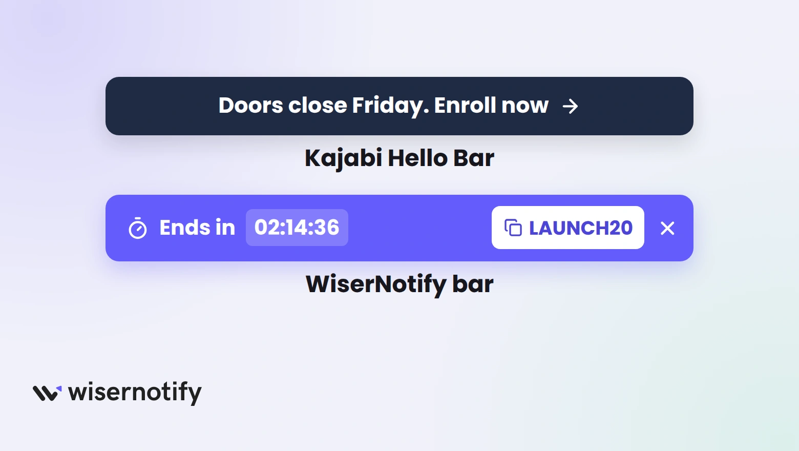 A plain Kajabi Hello Bar compared with a WiserNotify bar showing a countdown, a copy code button and a close icon