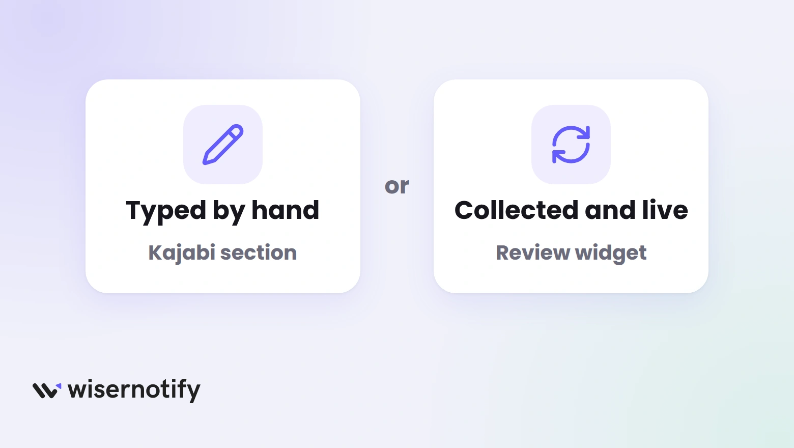 Two cards: testimonials typed by hand in a Kajabi section, or collected and kept live in a review widget