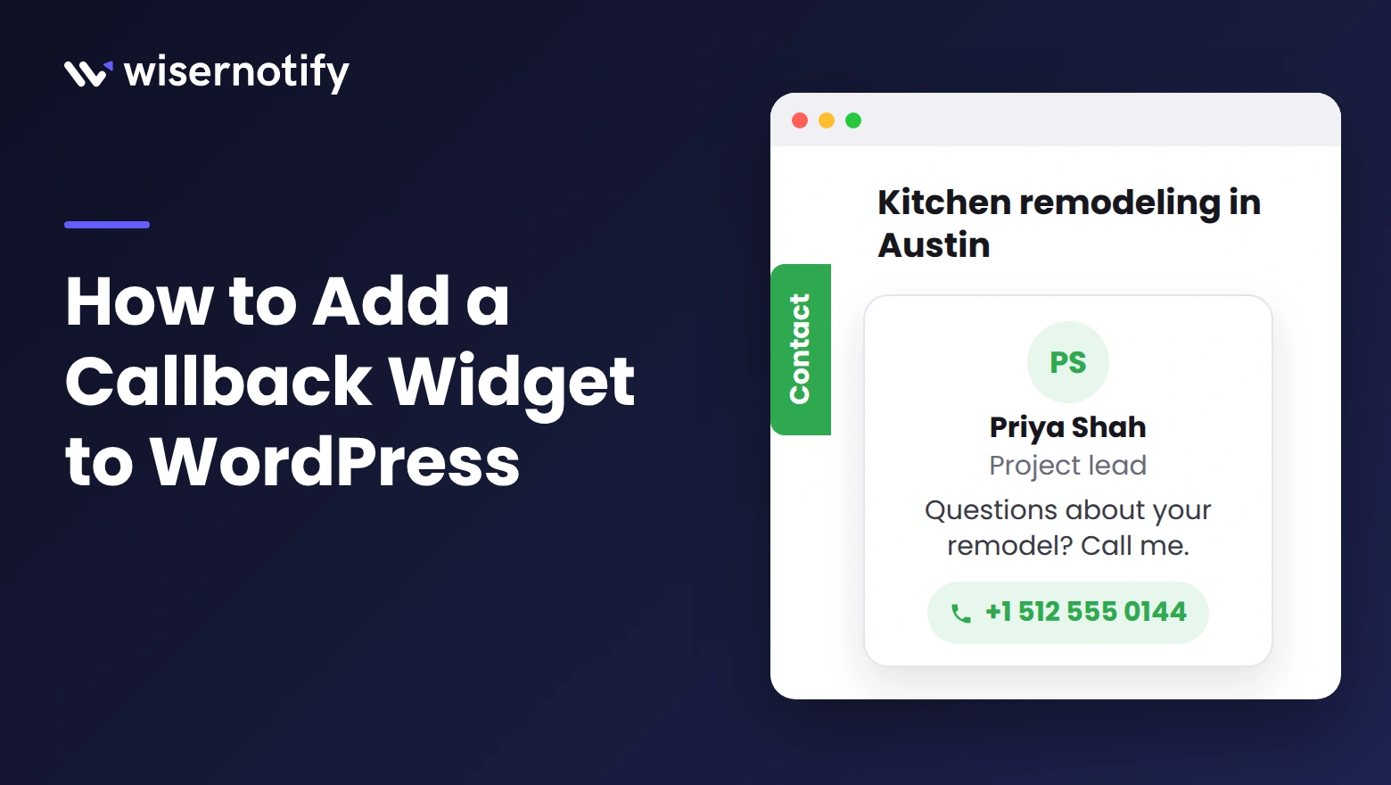 Callback widget on WordPress cover, dark version, showing a Contact tab and an open click-to-call card on a web page