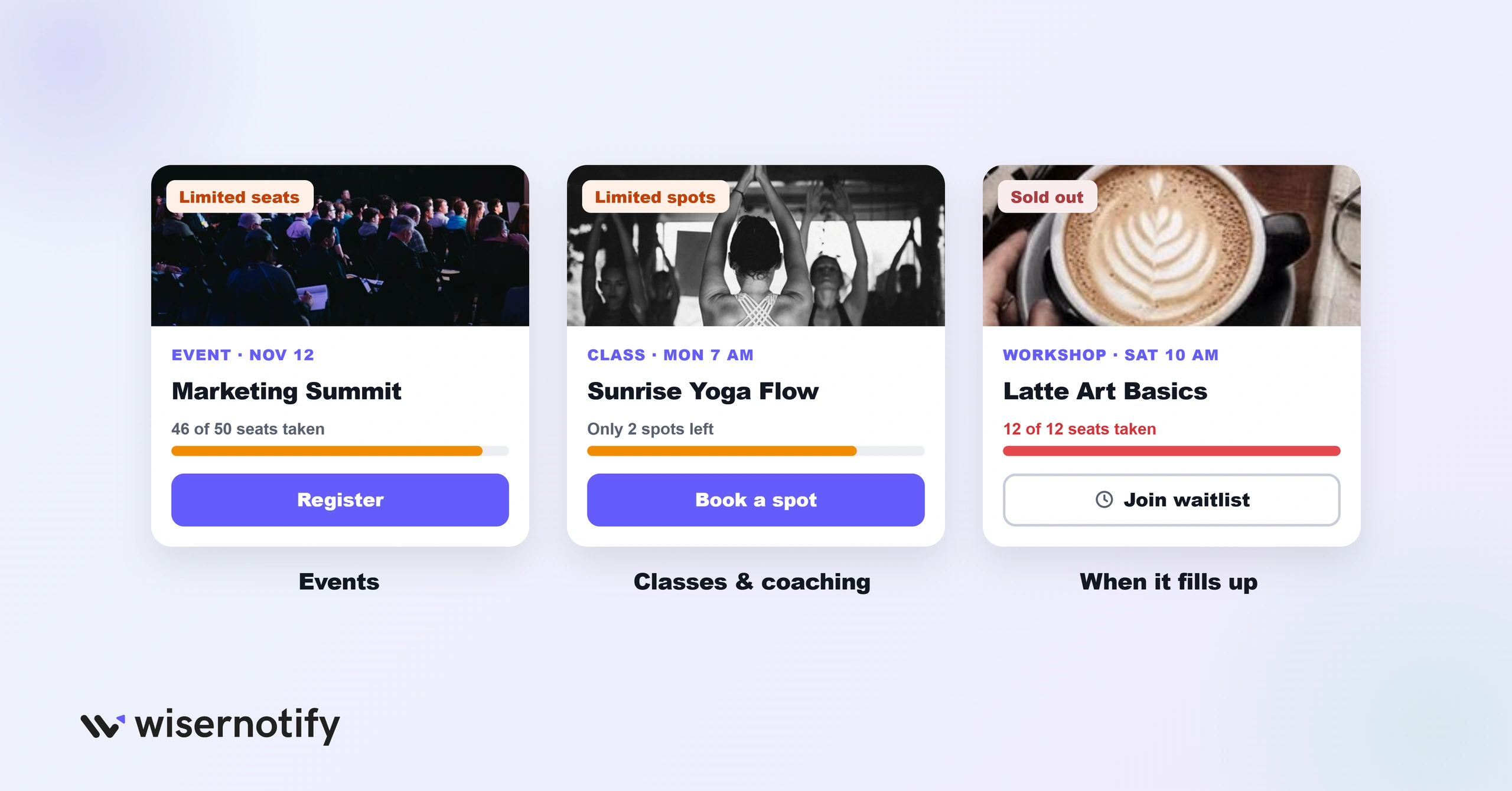 Limited seats on an event card, limited spots on a class card, and a sold out workshop with a waitlist button