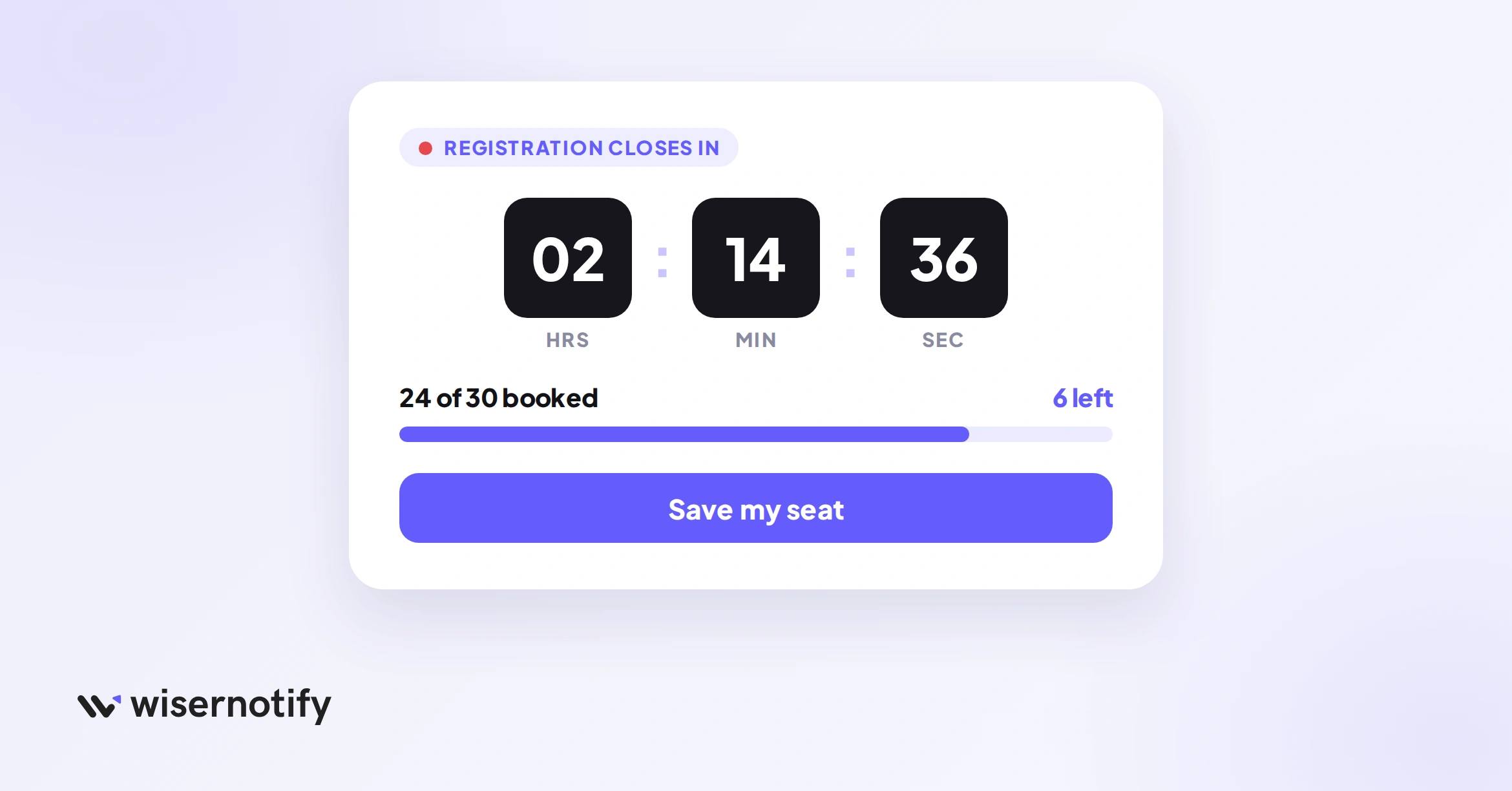Registration countdown timer paired with a seat progress bar showing 6 seats left