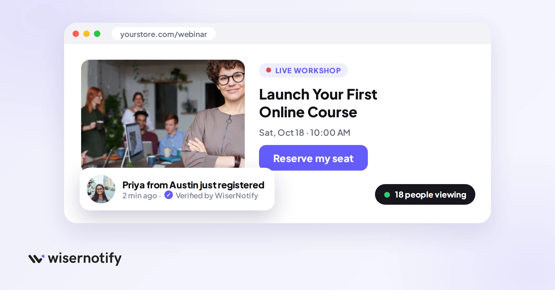 Workshop registration page with a recent signup notification verified by WiserNotify and a live viewer count