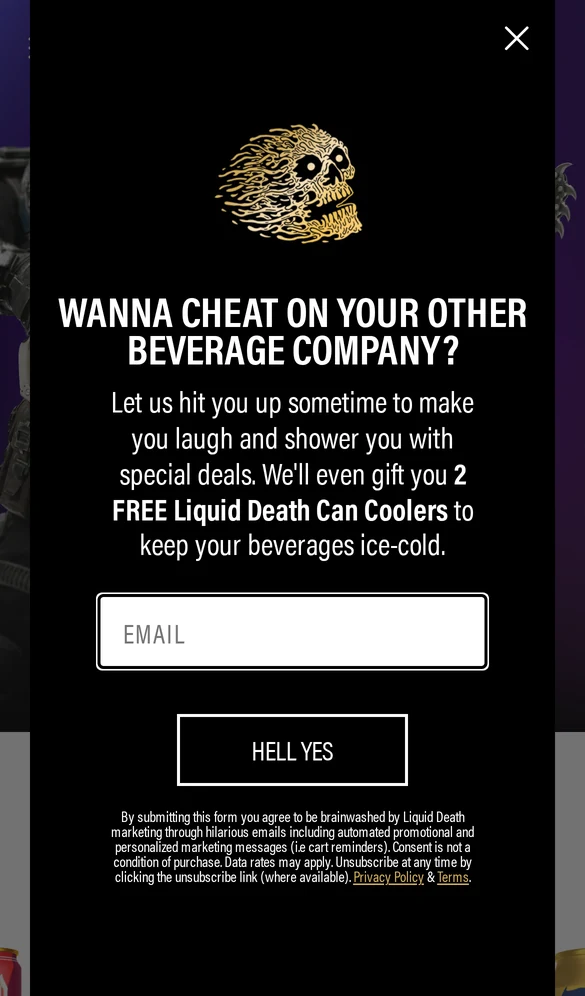 Liquid Death mobile popup offering two free can coolers for an email address