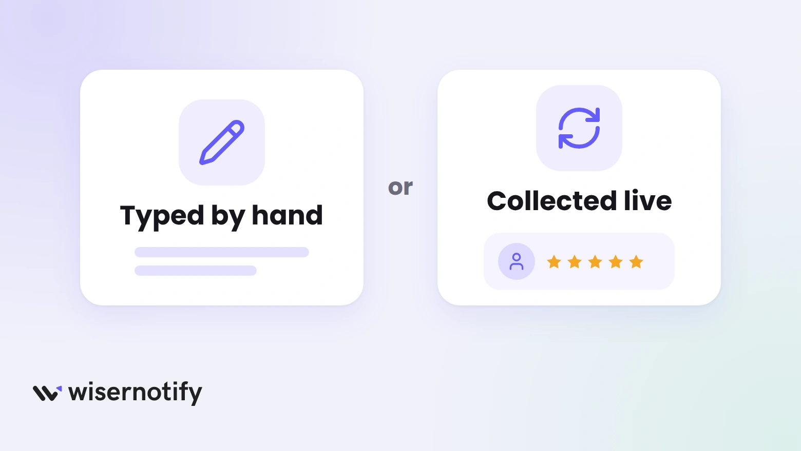 Two cards: testimonials typed by hand in a Leadpages section, or collected live in a review widget with avatar and stars