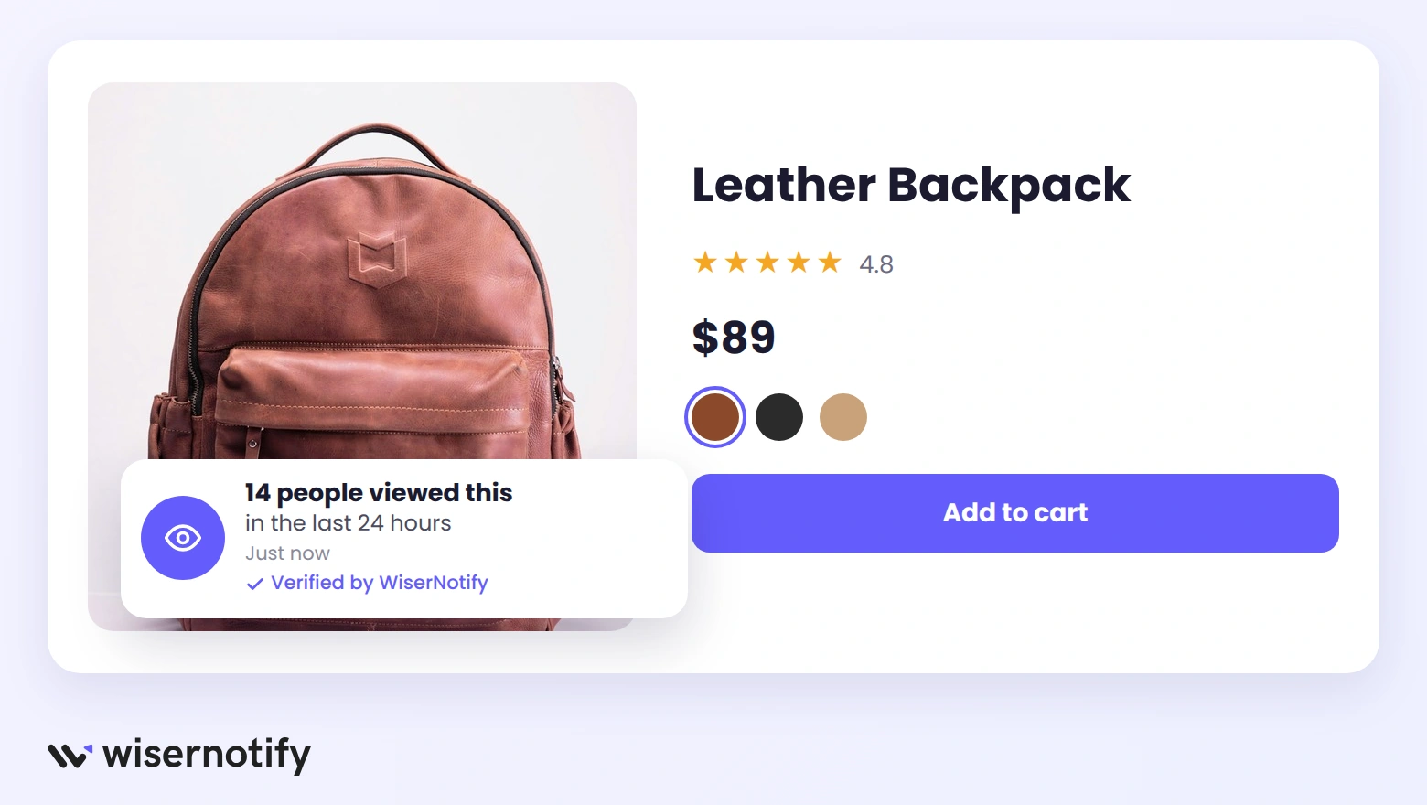 Product page with a WiserNotify notification showing 14 people viewed this in the last 24 hours
