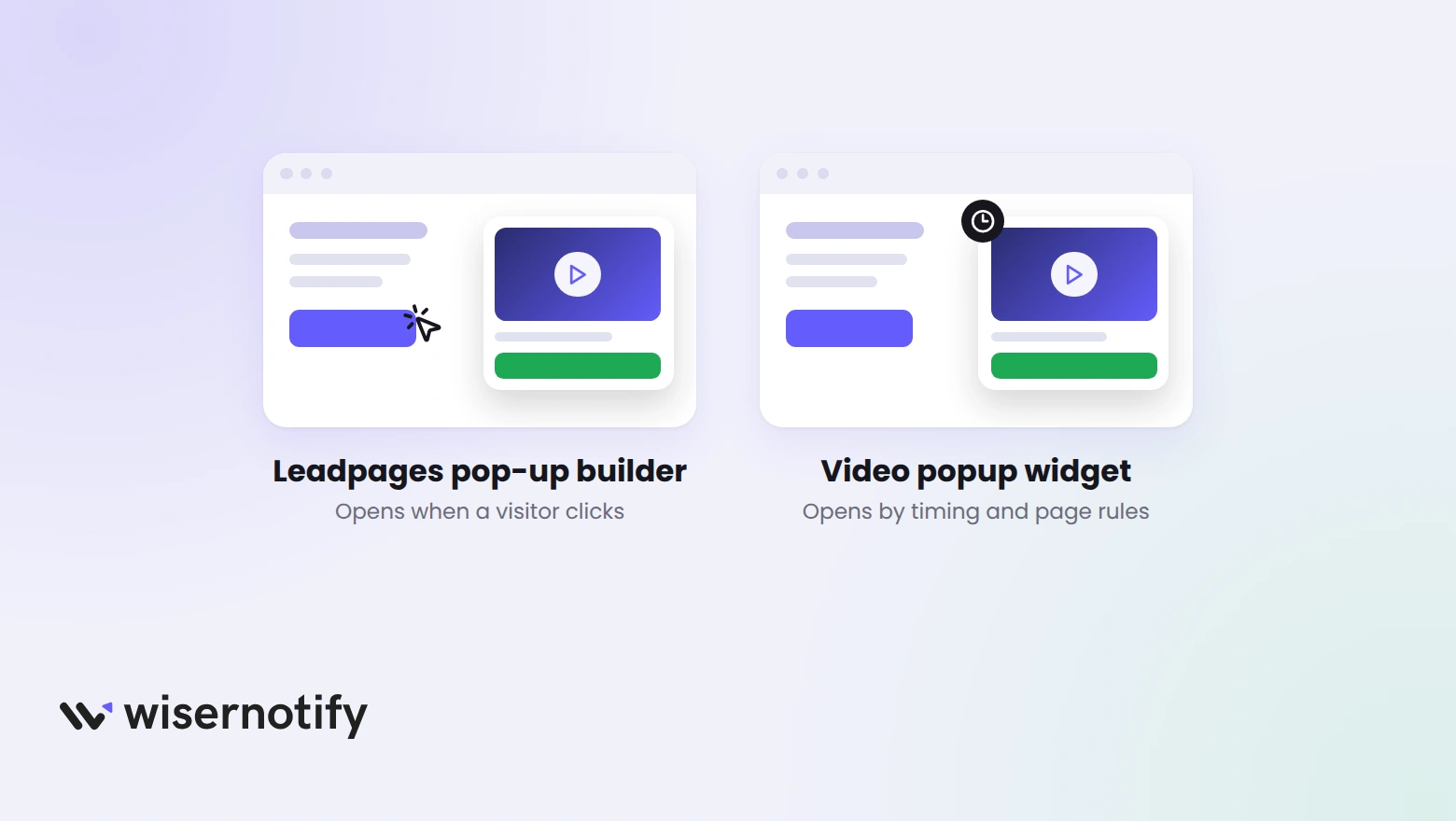 Two landing page mockups with a video popup open: on the left a Leadpages pop-up that opens when a visitor clicks a button, on the right a video popup widget with a clock badge that opens by timing and page rules