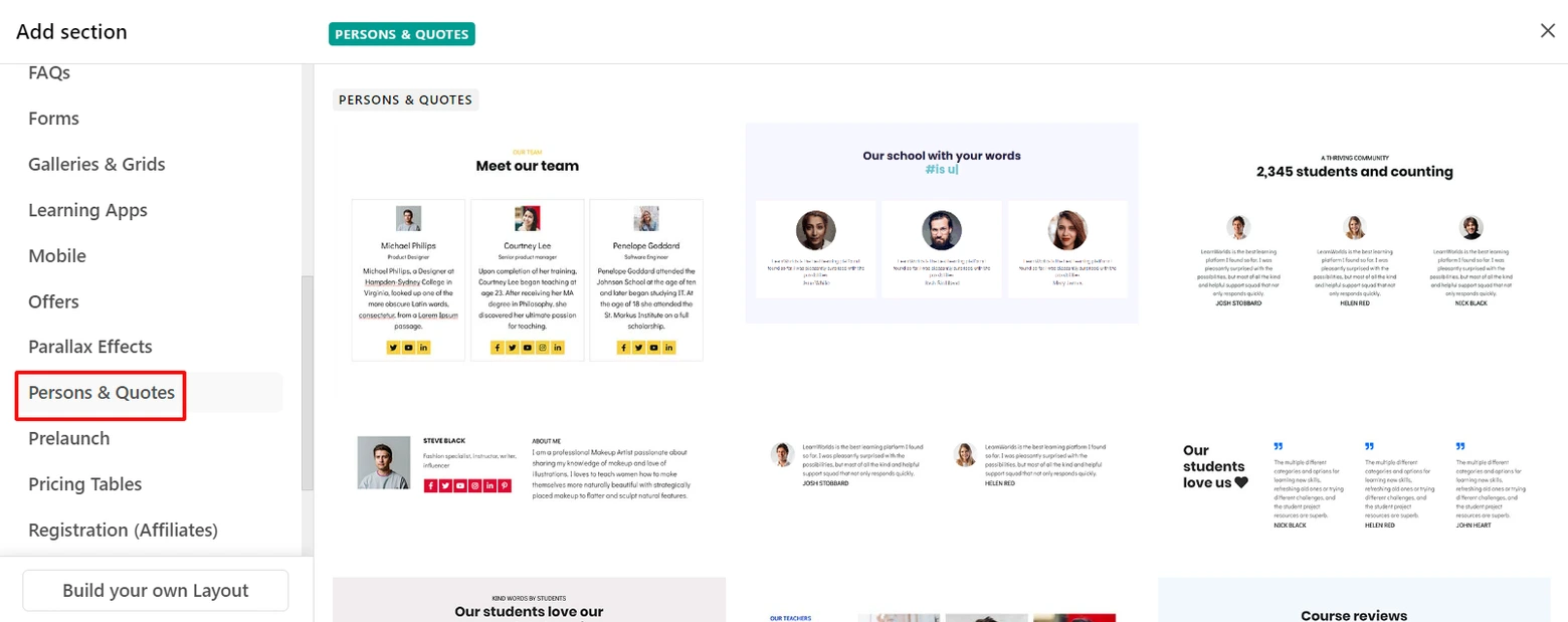 LearnWorlds Add section window with the Persons & Quotes category and its testimonial layouts