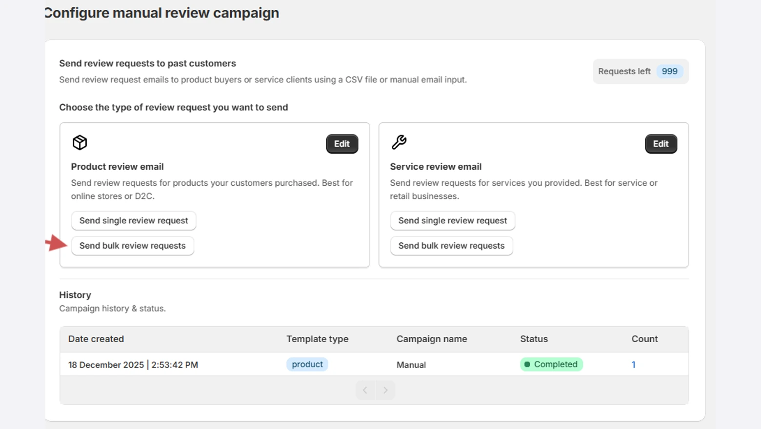 WiserReview Configure manual review campaign page with Product review email and Service review email cards