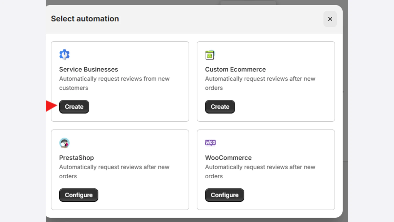 WiserReview Select automation window with the Create button under Service Businesses