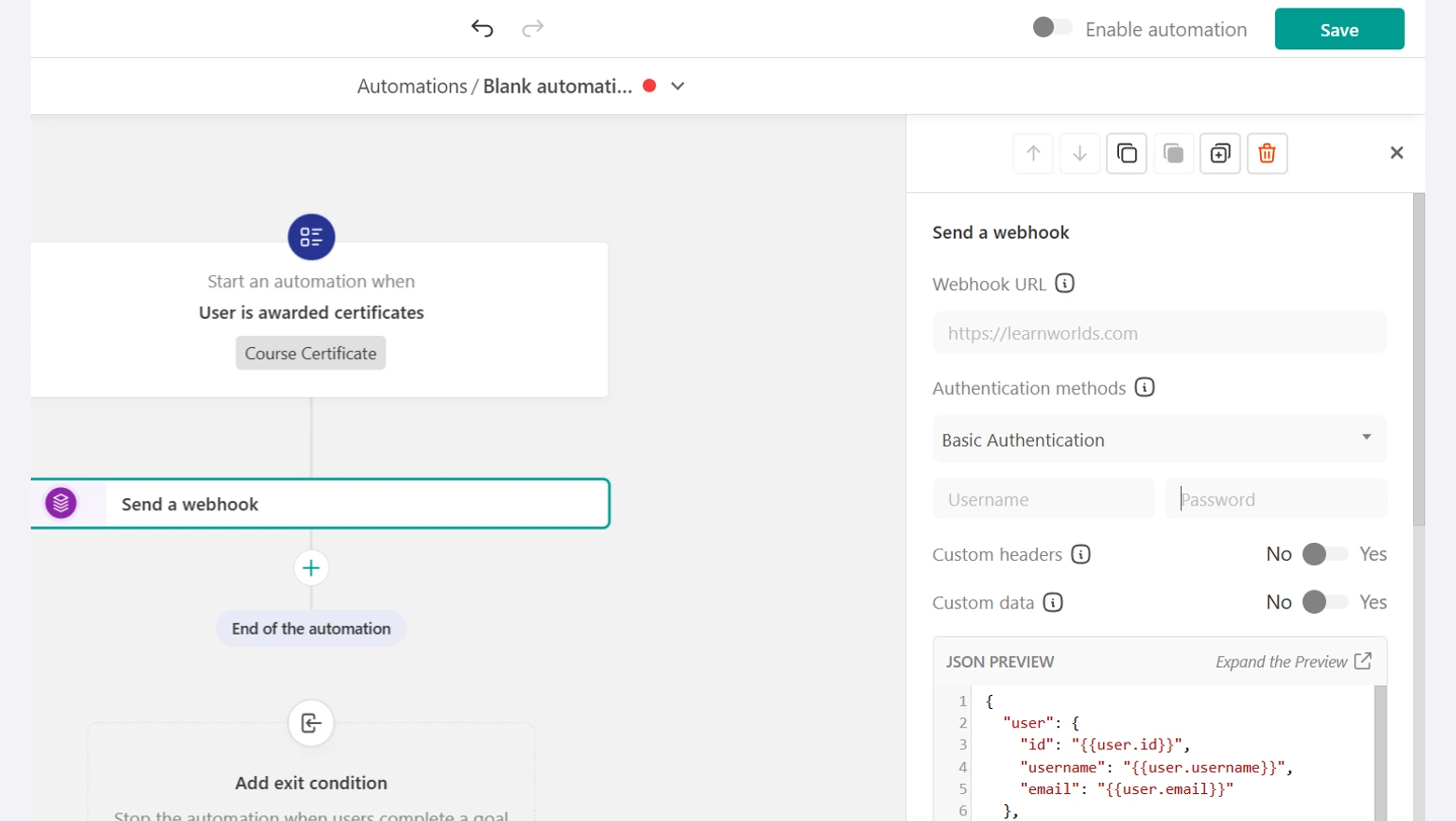 LearnWorlds automation builder with a Send a webhook step and its Webhook URL field and JSON preview