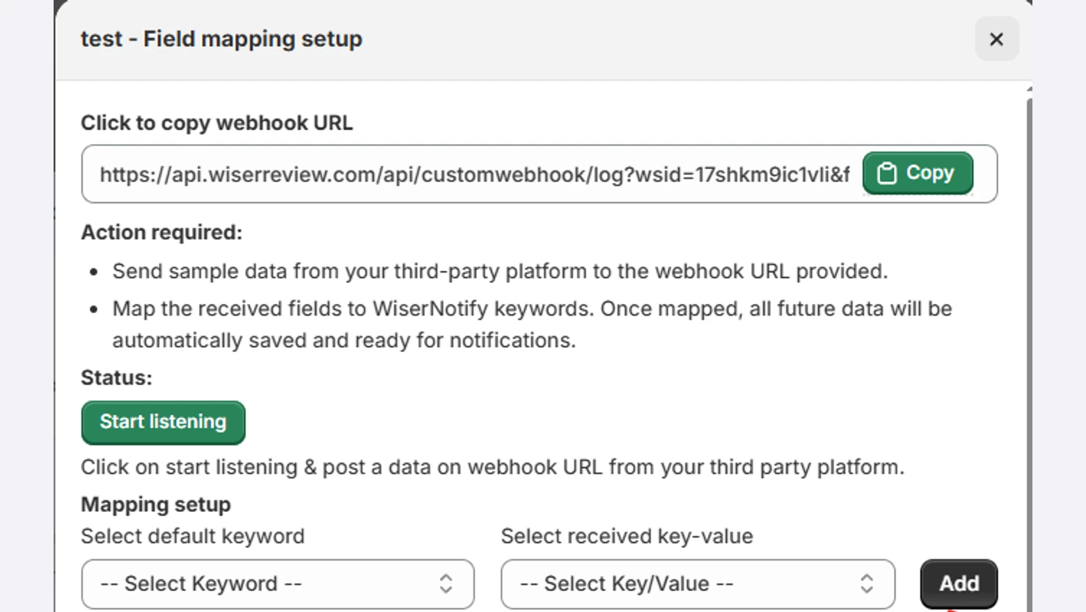 WiserReview Field mapping setup window with the Copy webhook URL button, the Start listening button and the keyword selectors