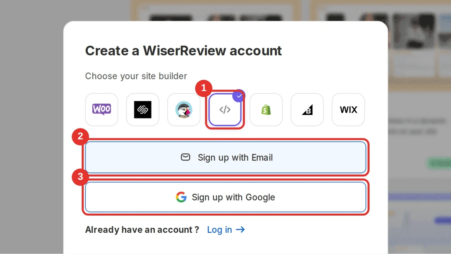 Create a WiserReview account window with the custom code site builder selected and the Sign up with Email, Sign up with Google and Log in options