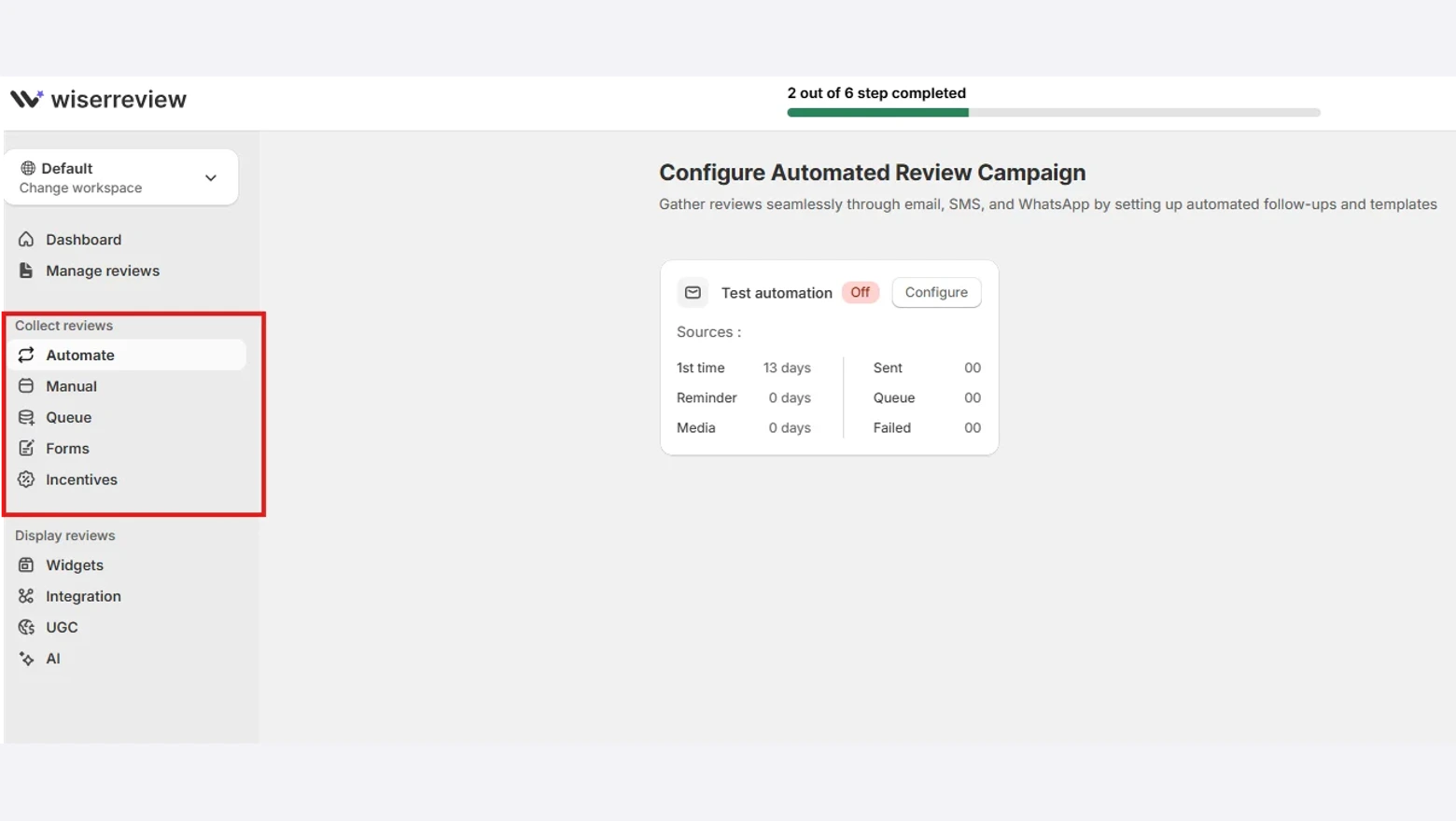 WiserReview dashboard with the Collect reviews menu showing Automate, Manual, Queue, Forms and Incentives