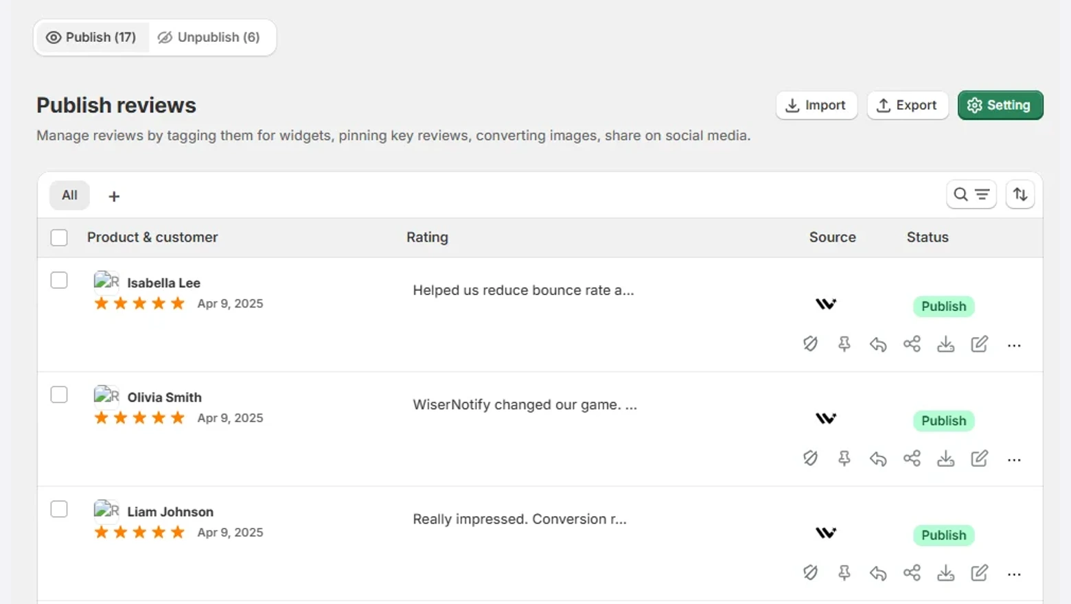 WiserReview Publish reviews page with published student reviews and the Import, Export and Setting buttons