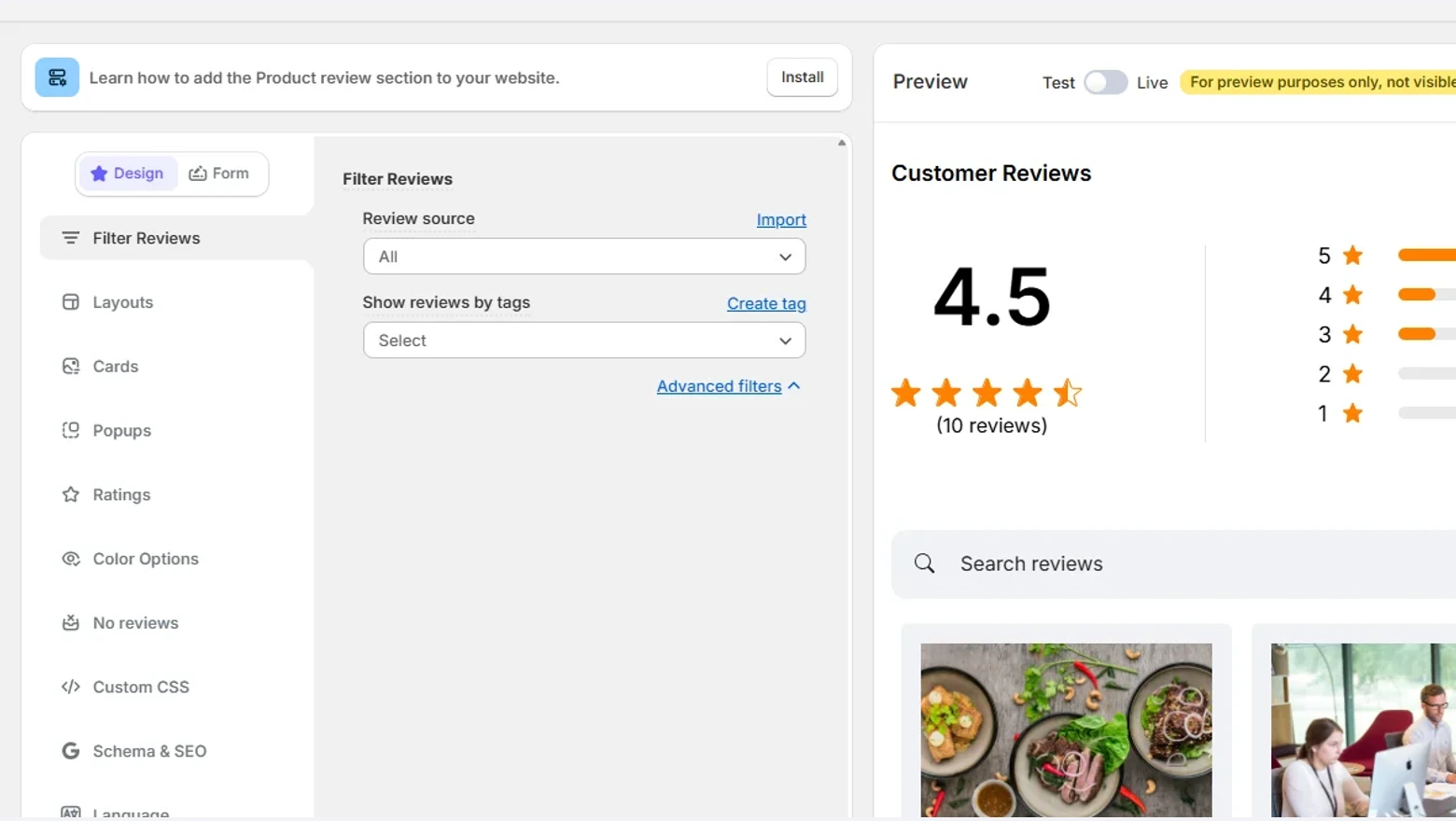 WiserReview widget editor with the Show reviews by tags filter next to the live preview