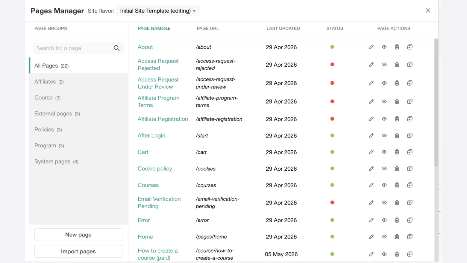 LearnWorlds Pages Manager listing the school pages with their URLs and status