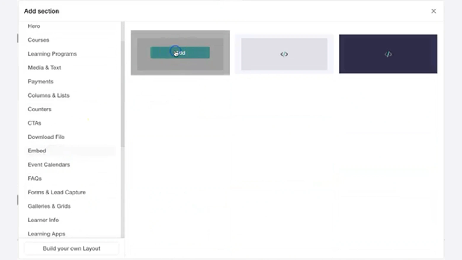 LearnWorlds Add section window with the Embed category and its section layouts