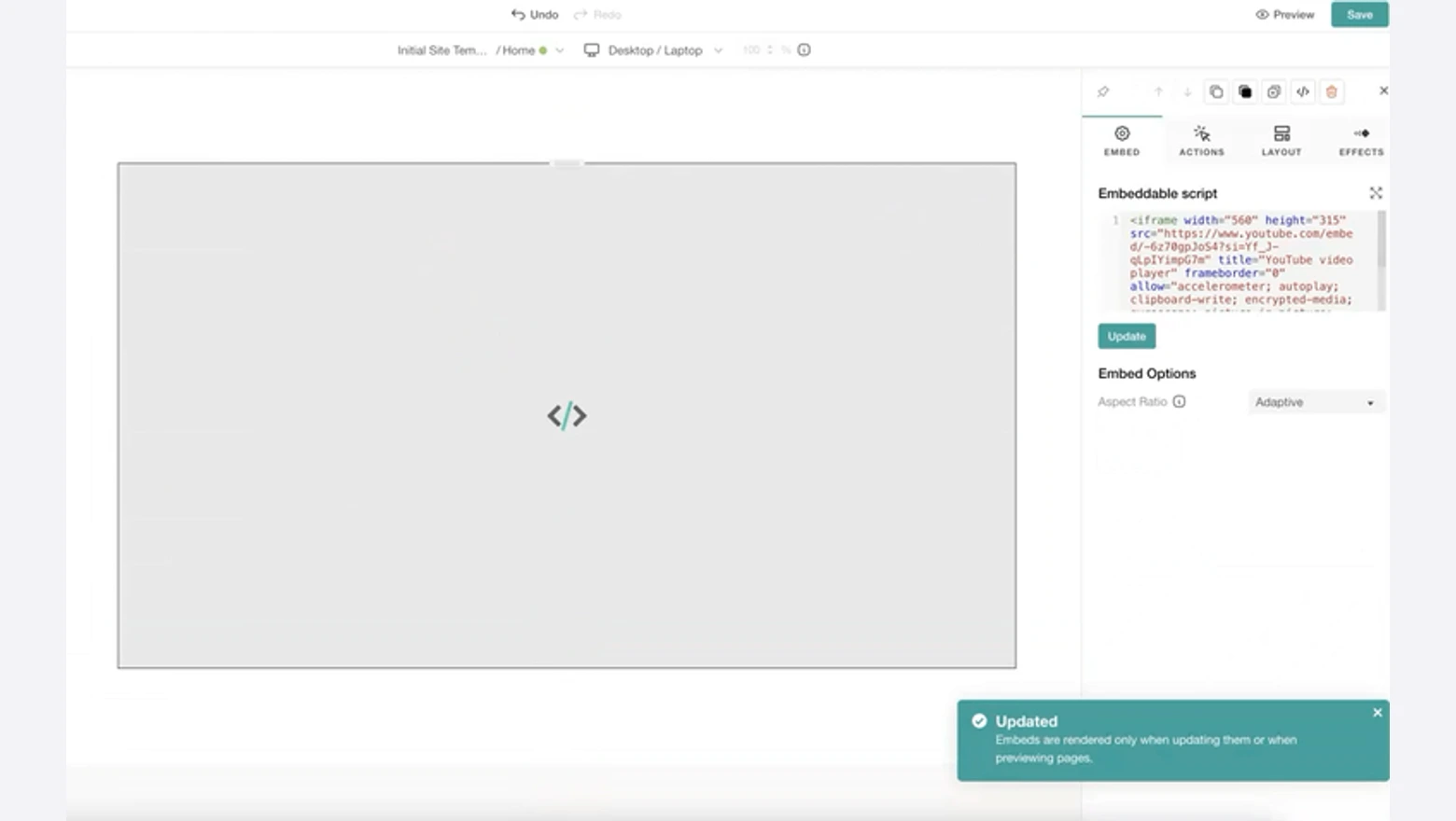 LearnWorlds Embed section side panel with the Embeddable script box, the Update button and the Updated message
