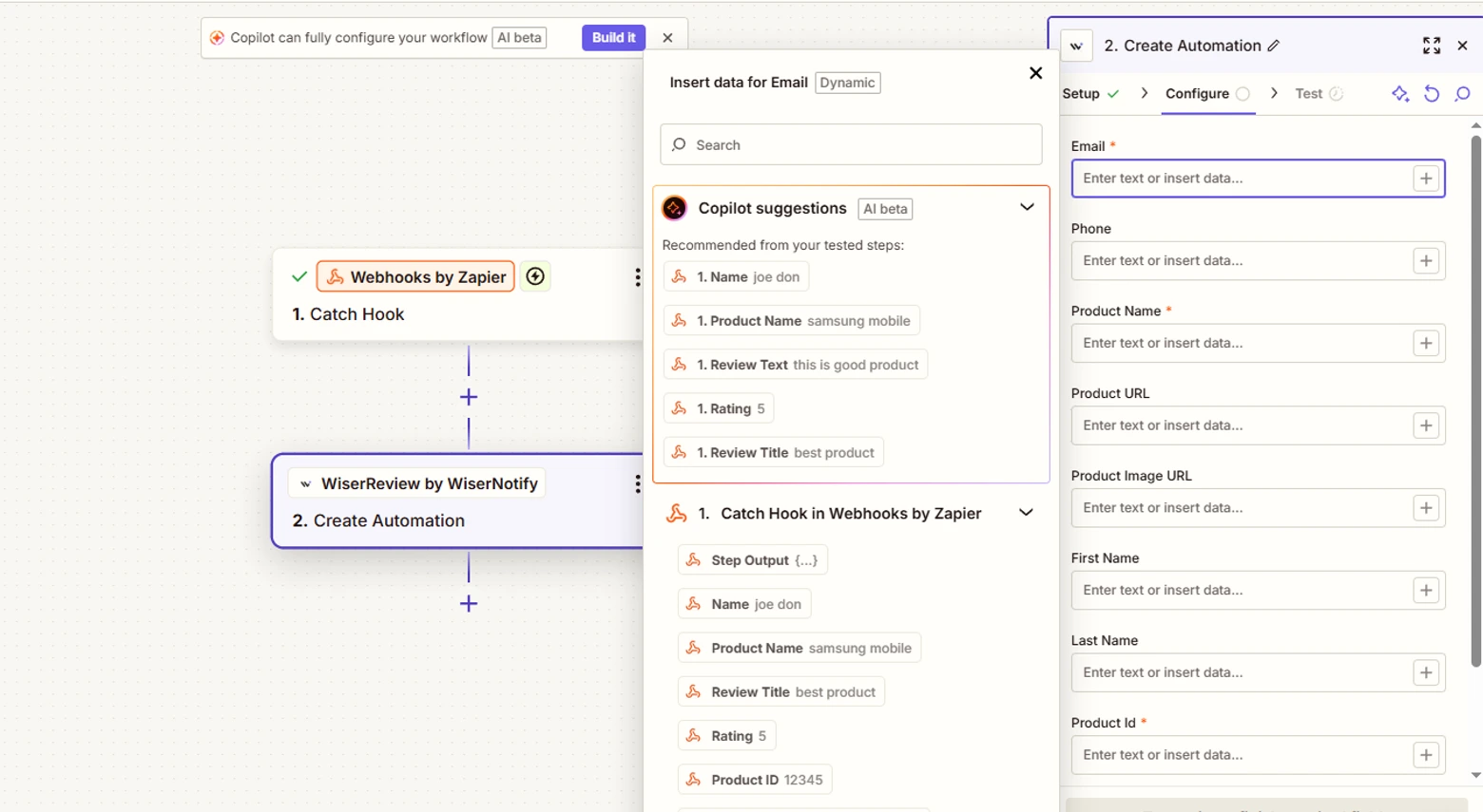 Zapier editor with the WiserReview by WiserNotify Create Automation action and its Email, Product Name and Product Id fields