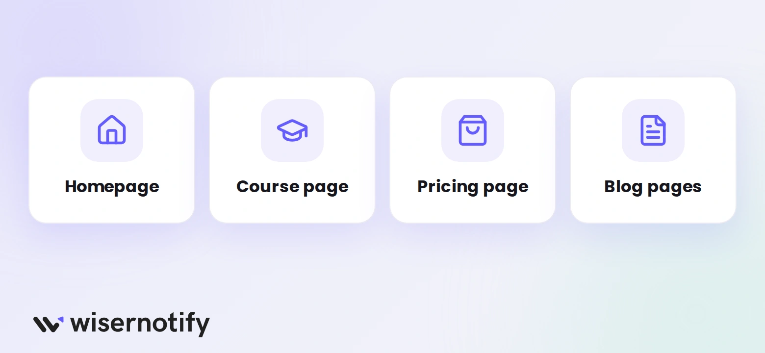 Four LearnWorlds pages to show an offer on: homepage, course page, pricing page and blog pages