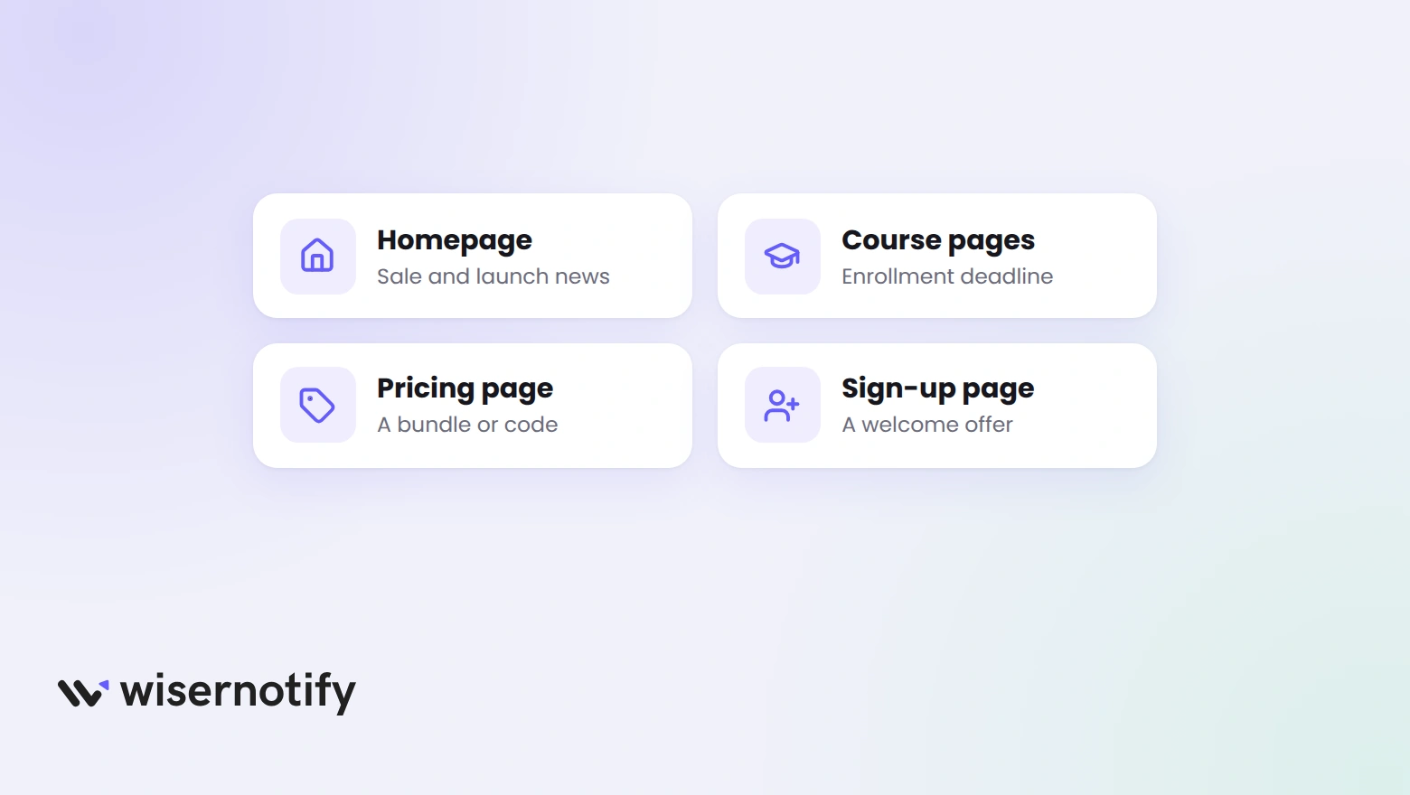 Four LearnWorlds pages and what the announcement bar says on each: sale and launch news on the homepage, an enrollment deadline on course pages, a bundle or code on the pricing page and a welcome offer on the sign-up page