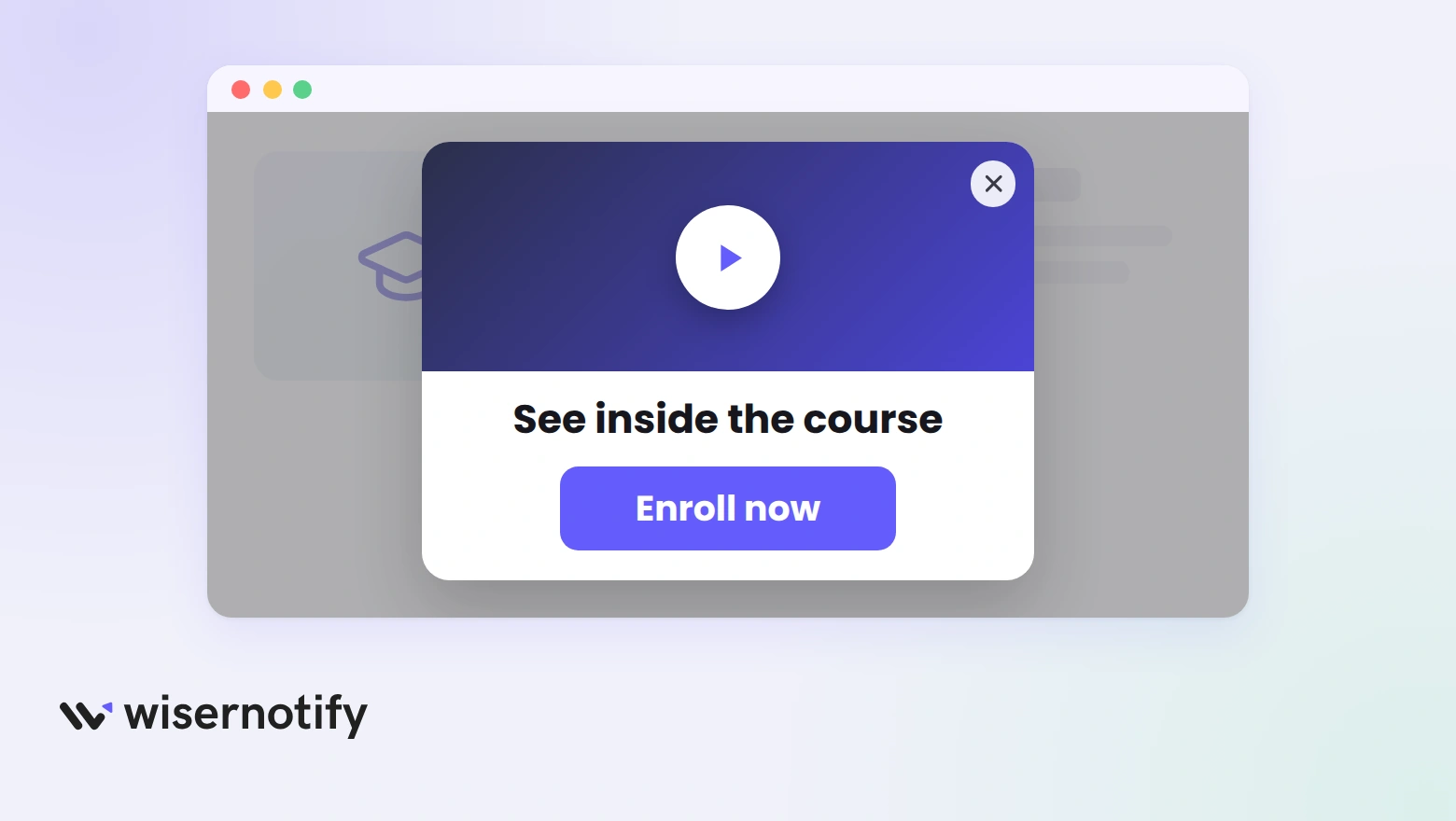Course preview video popup over a LearnWorlds course page with a play button, See inside the course headline and an Enroll now button