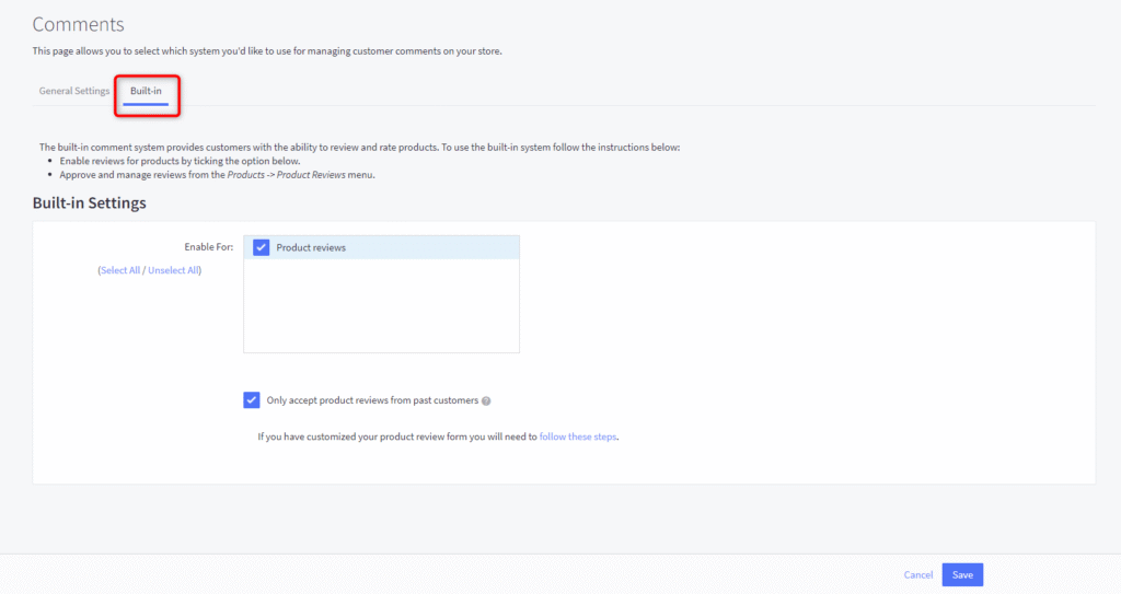 BigCommerce Comments page with the Built-in tab open and the Product reviews checkbox