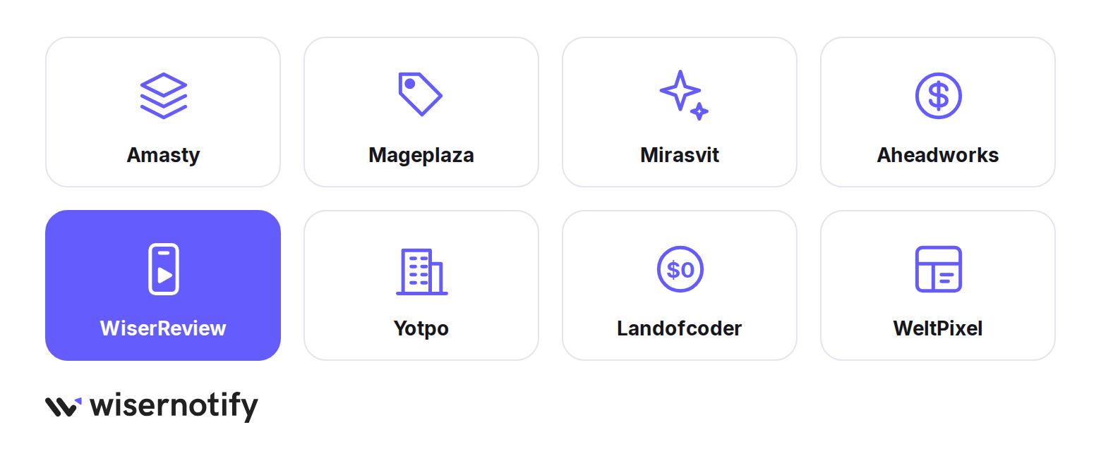 Eight Magento 2 review extensions as icon tiles