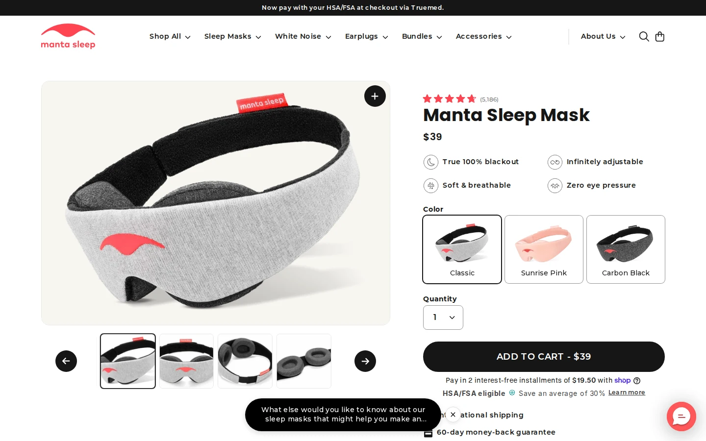 Manta Sleep Mask product landing page with benefit icons, rating, and money-back guarantee