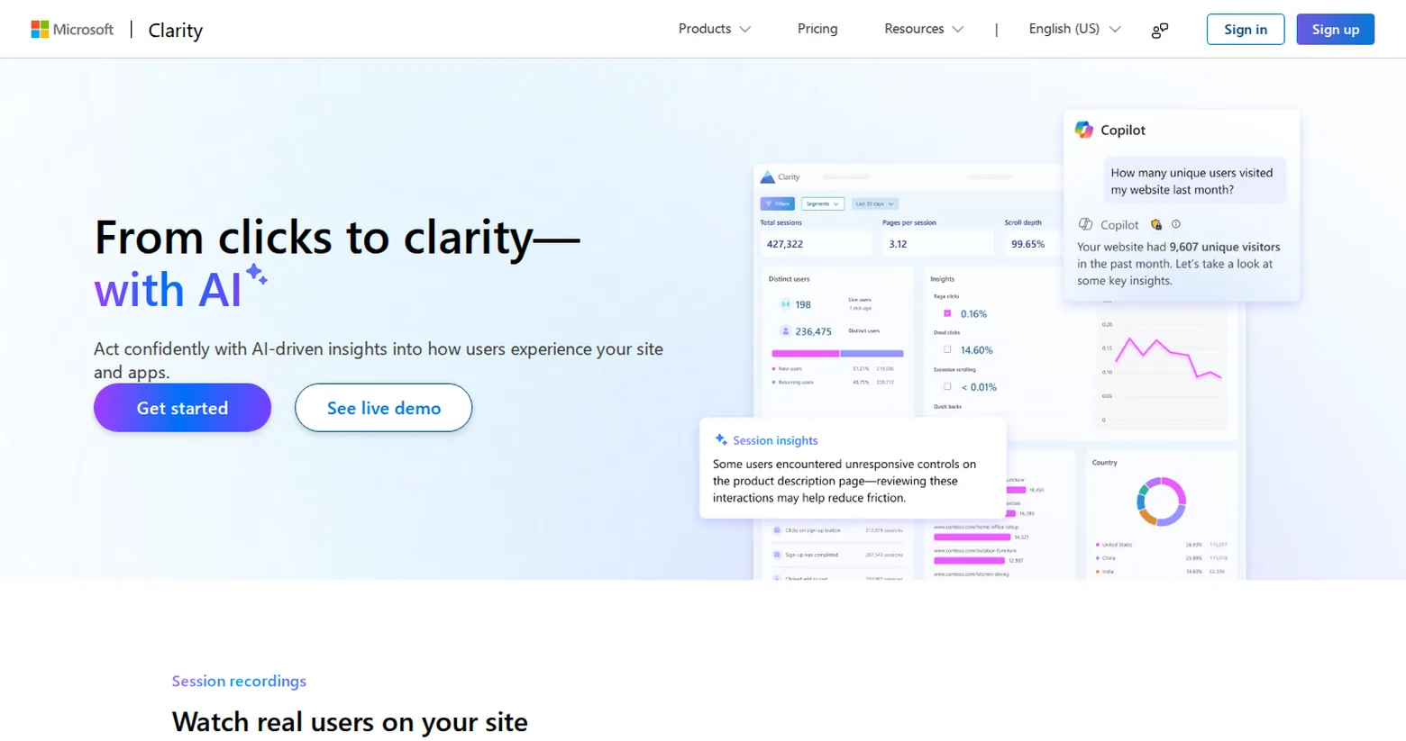 Microsoft Clarity homepage for free session recordings and heatmaps