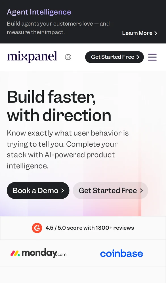 Mixpanel mobile landing page with two buttons, a review score, and customer logos