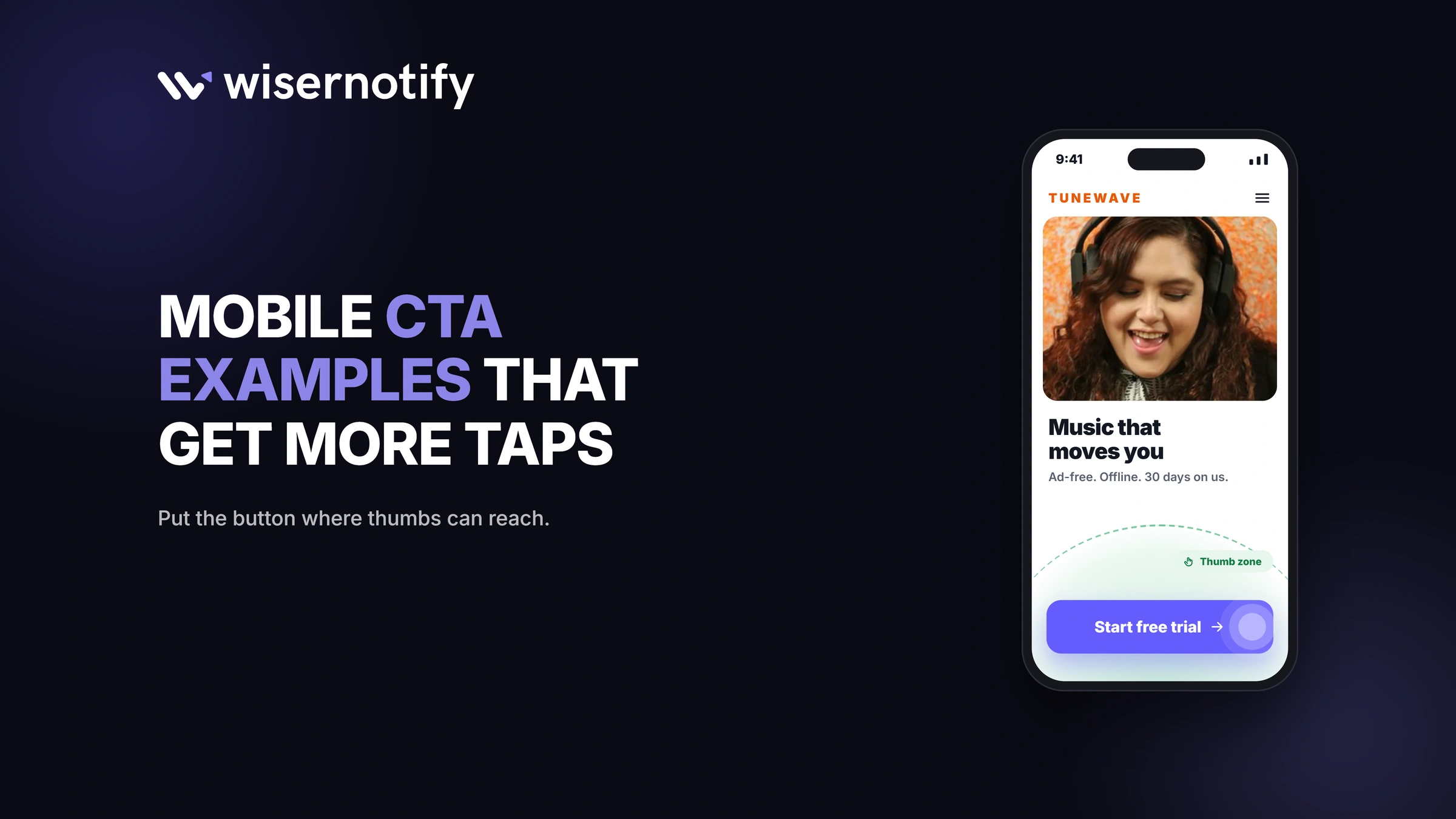 Mobile CTA examples that get more taps: a Start free trial button placed in the thumb zone of a phone screen