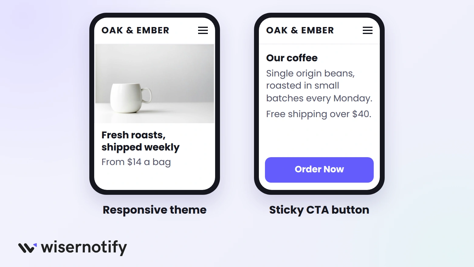 A WordPress site on mobile with a responsive theme and a sticky Order Now CTA button