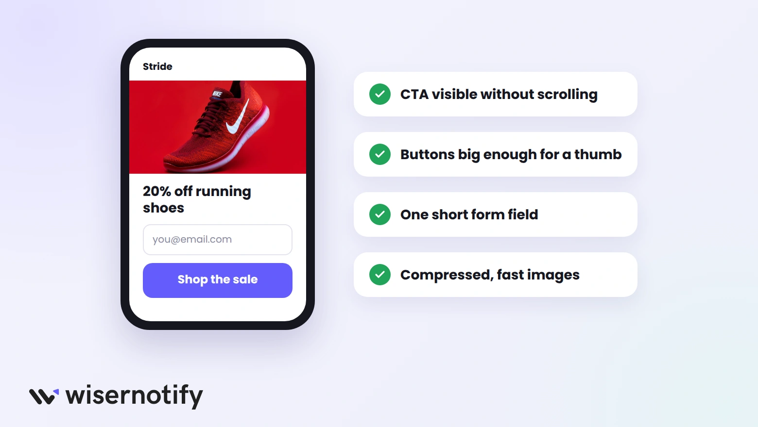 Mobile landing page on a phone with a visible CTA, thumb-size buttons, one short form field, and compressed images
