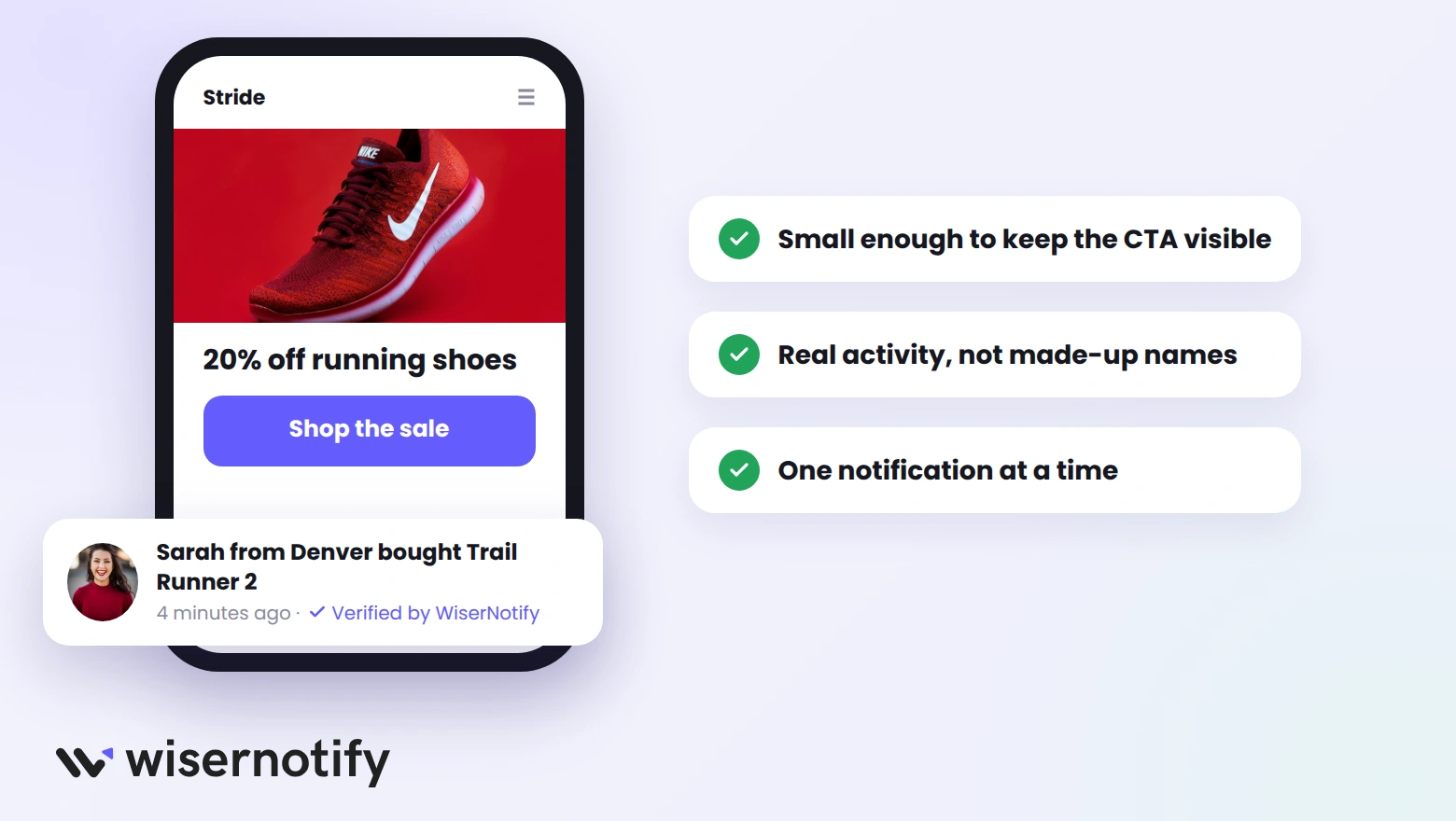 Mobile landing page with a compact WiserNotify notification that stays clear of the CTA