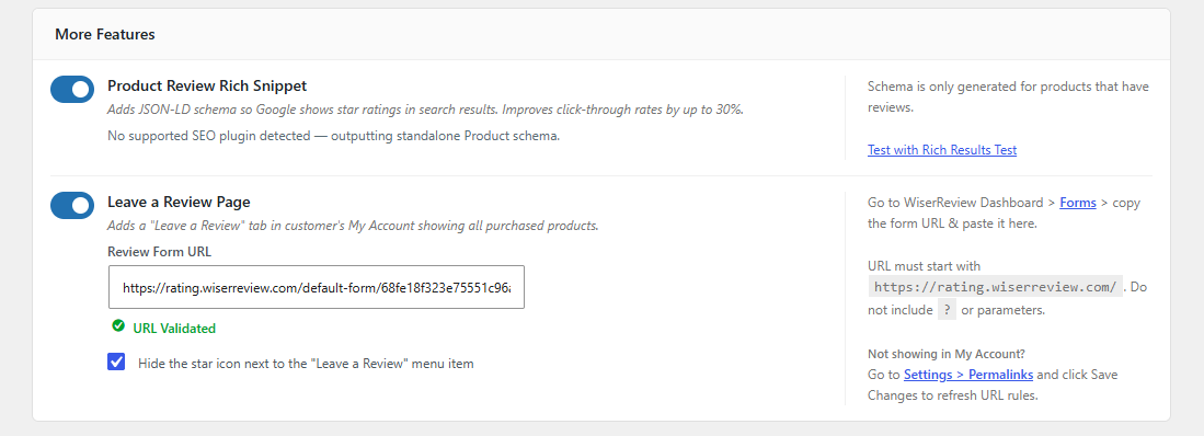 Product review rich snippet and Leave a Review page settings in WiserReview