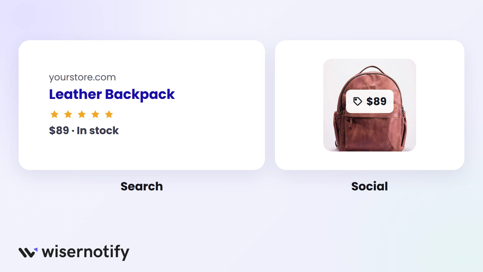 A search result with star rating, price, and stock next to a shoppable social post with a price tag